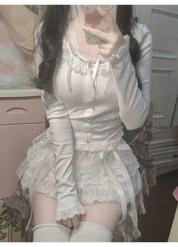 Aiertu Y2k Lace Sweet Girl Korea Summer Skirts Women Clothes White MIni Skirt High waist Loose Grunge Kawaii Cute A-line Fluffy Skirt Aiertu