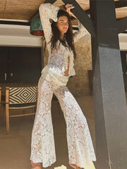 Aiertu  -  Women's Lace Long Pant Sets Sexy See Through Slim Cardigan Top High Waist Trousers Female Fashion Matching Sets Autumn Aiertu