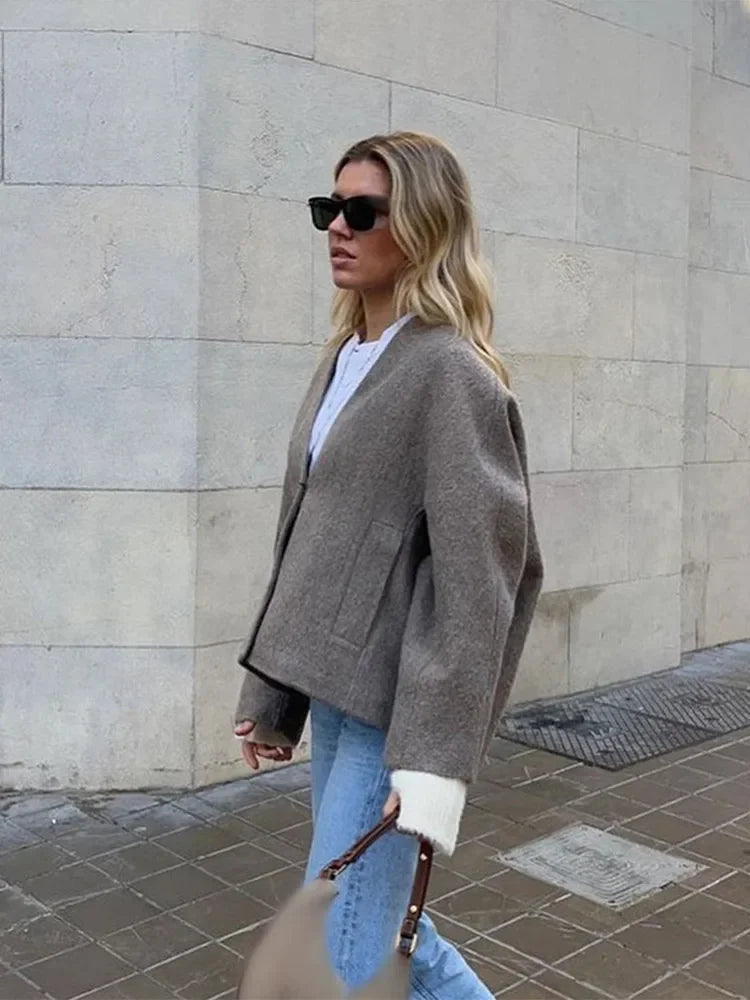Aiertu  -  Chic Button Pockets V Neck Crop Jacket For Women Casual Solid Long Sleeves Short Coat 2026 New Autumn Lady Office Outerwear Aiertu