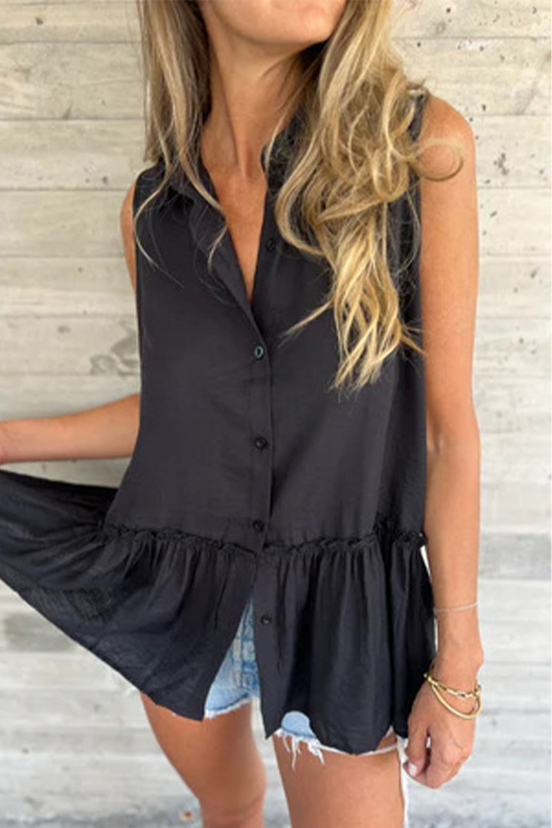 Aiertu  -Casual Buttons Pleated Flounce Turndown Collar Blouses(3 Colors) aiertu