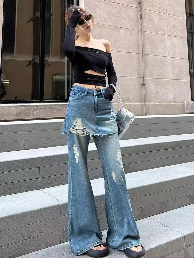 Aiertu  -  Y2K American Casual Washed Spliced Women's Jeans New Fashion Y2K High-waisted Jeans Hip-hop Slim Micro-flared Wide-leg Trousers Aiertu