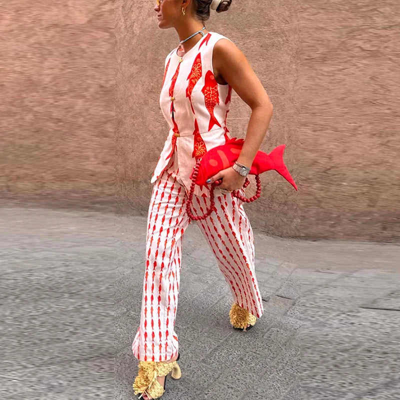 Aiertu    -  Fashion Women's Printed Vest Trouser Suits Sleeveless O-Neck Button Straight Pants Lady Sets 2025 Summer 2 Pieces Set Women Aiertu