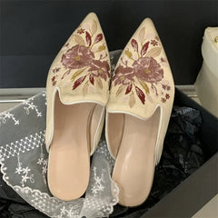 Aiertu  -   Summer Pointed Toe Women Slippers Fashion Vintage Embroidery Square Low Heels Party Dress Mules Shoes Aiertu