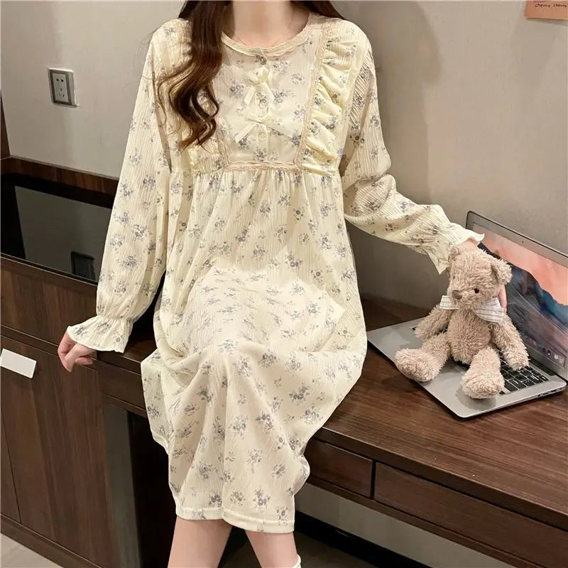 Aiertu Long Sleeve Nightgowns Women Floral Bow Temper Autumn Home Cozy Aesthetic O-neck Prairie Chic All-match Sleepwear Korean Style Aiertu