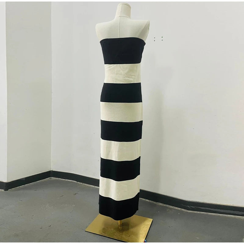 Aiertu  -  Knitted Striped Tube Tops Long Dress Long Jacket Women Set Backless Robe Long Sleeved Single Breasted Jacket Spring Summer Suit Aiertu