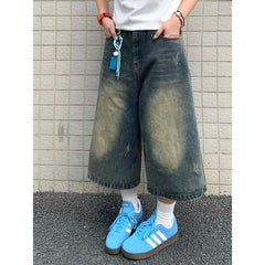 Aiertu  Vintage Y2K Wash Whiskers Denim Shorts Women Low Rise Distressed Frayed Wide Leg Baggy Jeans Jorts Casual Summer Clothes Aiertu
