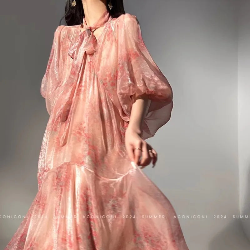 Aiertu  -  French Vintage Style Floral V-neck Dress Women's Summer Pure Sexy Loose A-line Long Dress Fashion Female Clothes Aiertu
