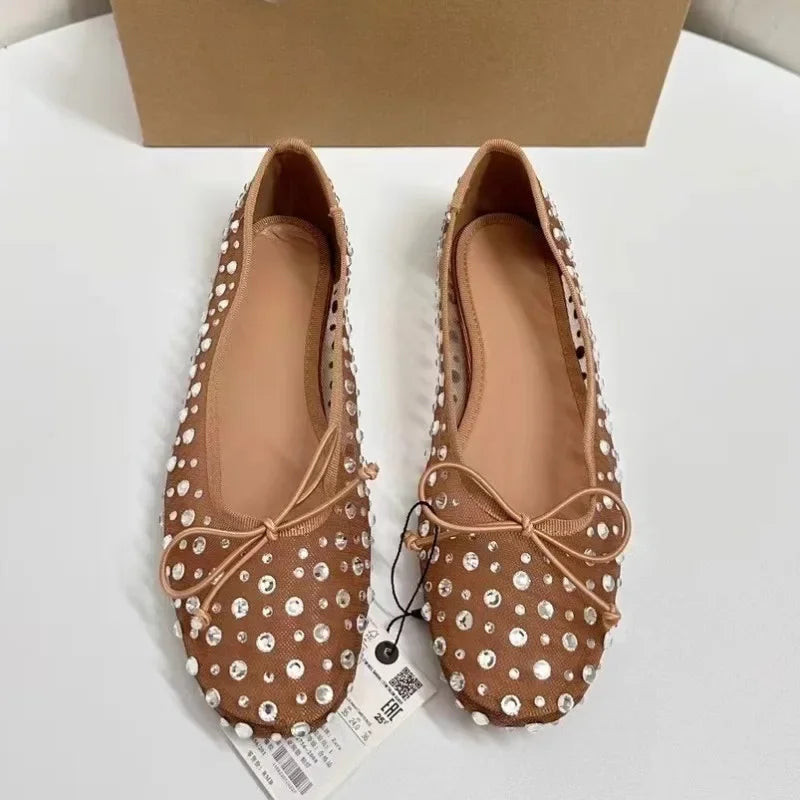 Aiertu  -  Luxury Rhinestones Women Shoes Spring Shallow Breathable Mesh Round Toe Bling Bowtie Elegant Ballet Flats for Female Aiertu