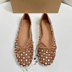 Aiertu  -  Luxury Rhinestones Women Shoes Spring Shallow Breathable Mesh Round Toe Bling Bowtie Elegant Ballet Flats for Female Aiertu