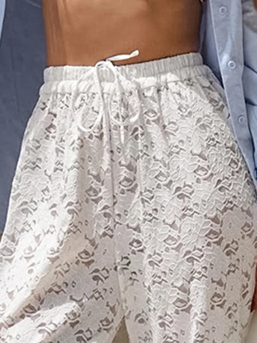 Aiertu  -  White Lace Jacquard Sheer Wide Leg Pant Women Drawstring High Waist Transparent Trouser Summer Sexy Casual Chic Bohemian Trouser Aiertu