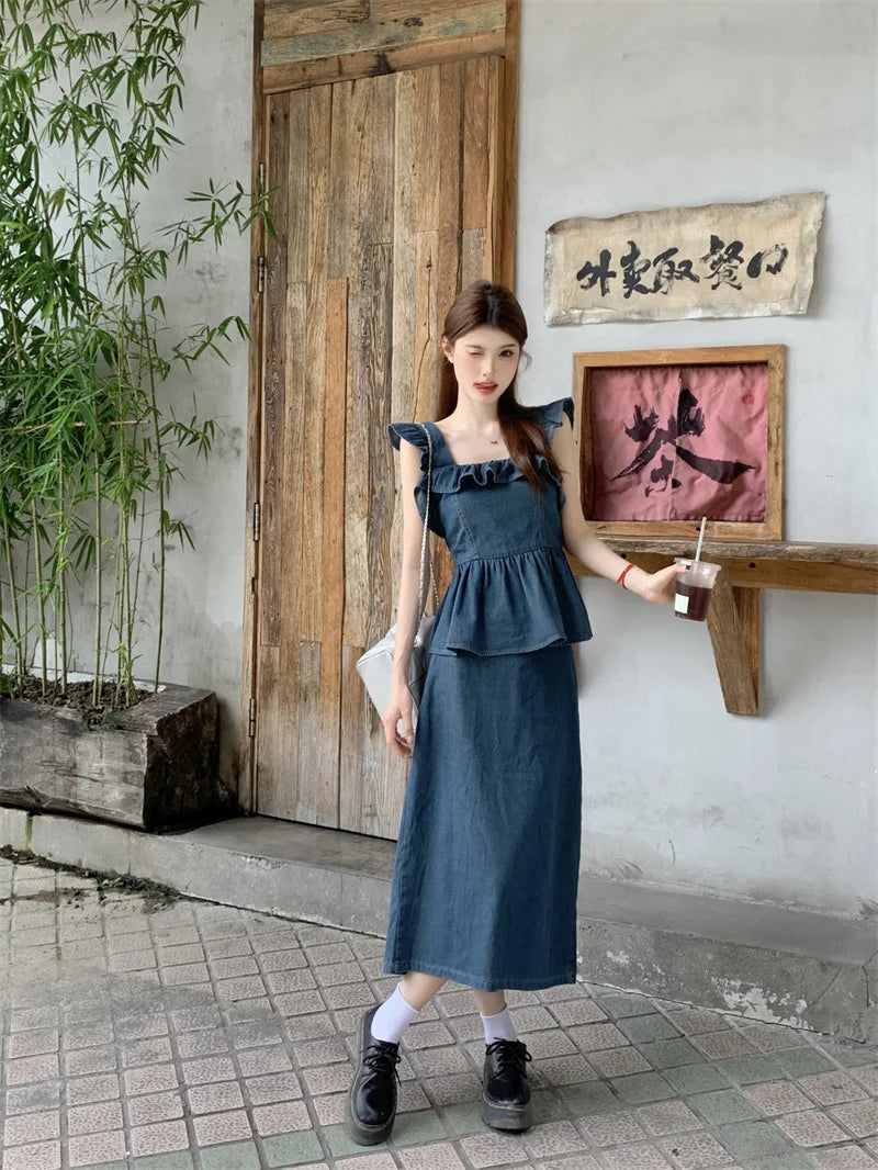 Aiertu  -  Sweet Hot Girl Denim Suit Women's Summer Pleated Flying Sleeve Top High Waisted A-line Long Skirt Two-piece Set Female Clothes Aiertu