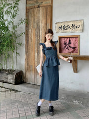 Aiertu  -  Sweet Hot Girl Denim Suit Women's Summer Pleated Flying Sleeve Top High Waisted A-line Long Skirt Two-piece Set Female Clothes Aiertu