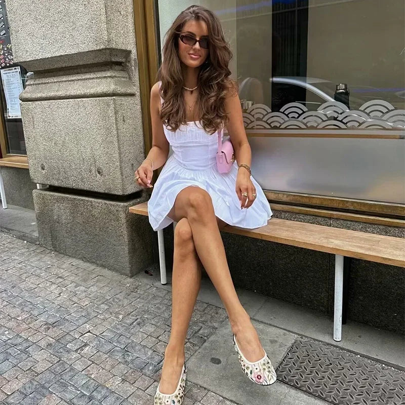 Aiertu  -  Sexy Pleated Spliced Sling Mini Dress Women Solid Square Collar Sleeveless Backless Female Dresses Summer Lady Chic Vestido Aiertu