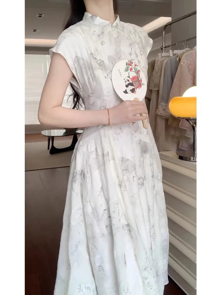 Aiertu  -  New Chinese Style White Sweet Chicly Printed Female Dresses Summer Fashion Elegant Office Ladies Simple Casual Dress for Women Aiertu
