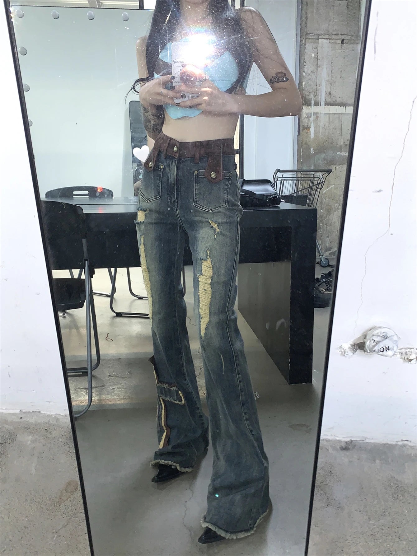 Aiertu  Cross Patchwork Bootcut Pants for Women Destroyed High Rise Slim Trousers Y2k Flare Jeans 90s Retro Korean Streetwear Aiertu