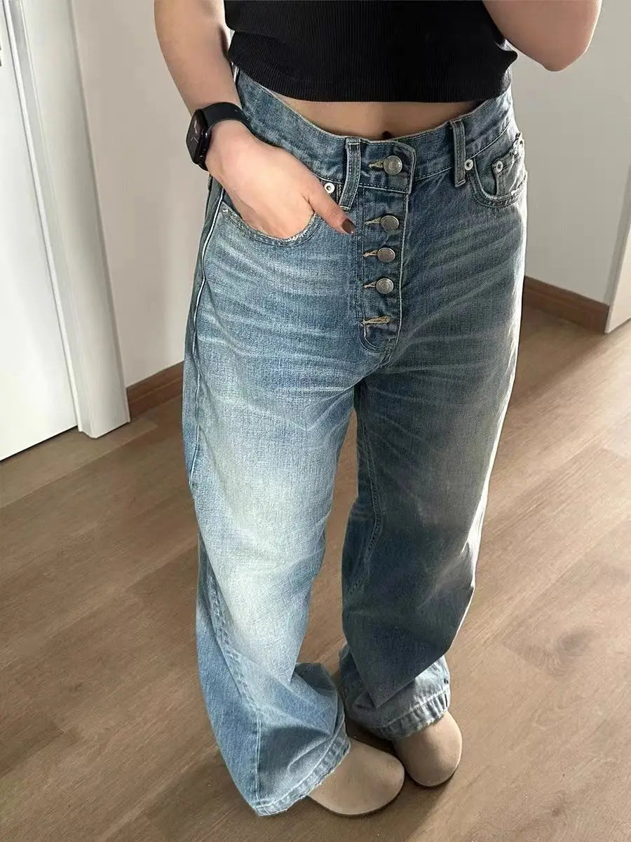 Aiertu  -  Y2K Fashion Blue Simple Multi-button Design Casual Jeans Retro Washed Loose Harajuku Street High Waist Straight Wide Leg Jeans Aiertu