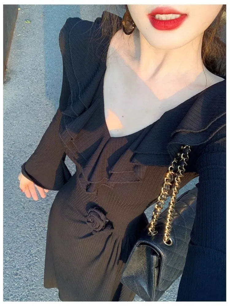 Aiertu  -  Black Retro Ruffle Knitted Dress Women Autumn Flower V-neck Slim Sexy Knitting Dresses Flared Sleeve Chic Elegant Vestidos Mujer Aiertu