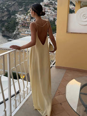 Aiertu  -  Ladies Feminine Buff Dress Loose Backless Round Neck Spaghetti Strap Drop Waist Long Robe Vacation Formal Ceremony Party Gown Aiertu