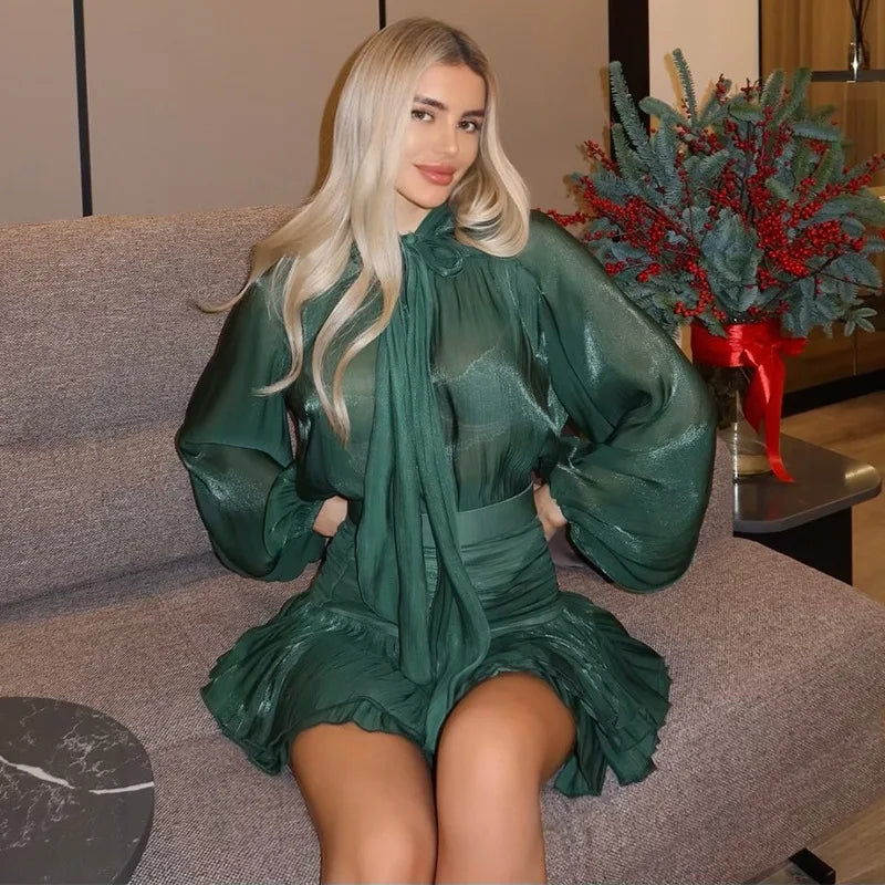 Aiertu  -  2025 New Women's Skirt Two Piece Set Chiffon Bow Tie Top High Waisted Drawstring Mini Dress Suit Ladies Sexy See Through Aiertu