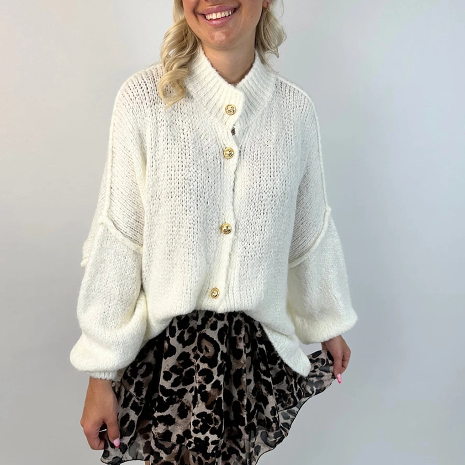 Aiertu  -  Womens Y2k Oversized Cardigan Sweaters Long Lantern Sleeve Knit Open Front Button Down Chunky Knitwear Fall Winter Aiertu