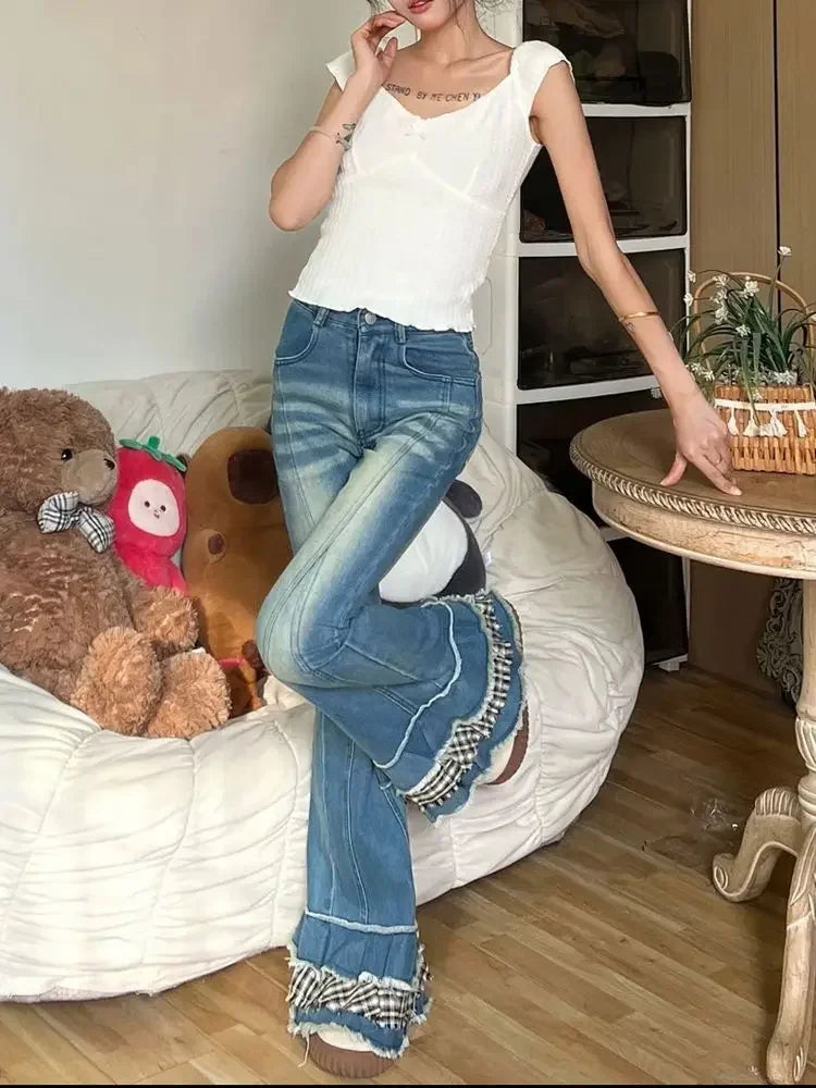 Aiertu  -  Y2k 2000s Distressed Bootcut Cake Pants Women Vintage Patchwork Plaid Whiskers High Waist Flare Jeans Kawaii Bell Bottoms Aiertu