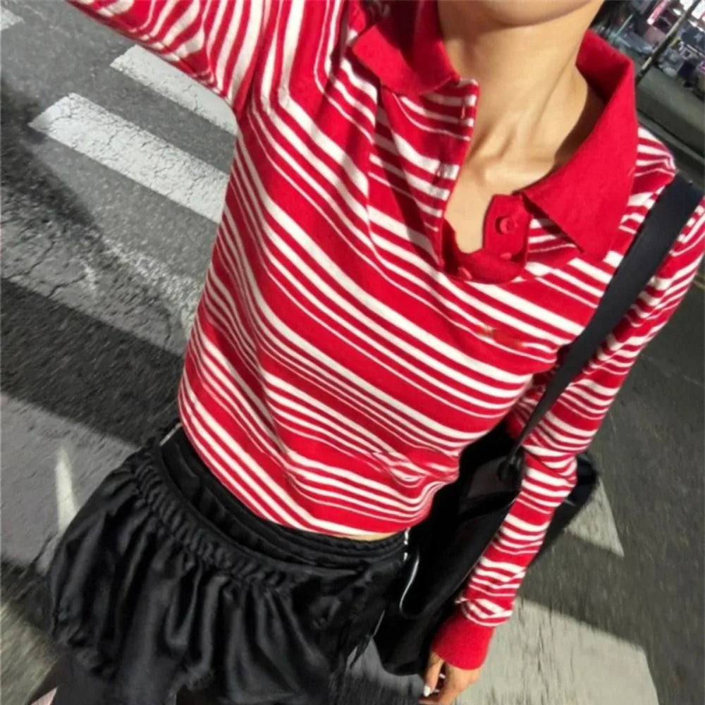Aiertu  -  Commuter Pullover Korea Turn-down Collar Ropa Mujer Stripe Vintage Commuter Elegant Tshirt Slim Knit All-match Y2K Shirt Aiertu