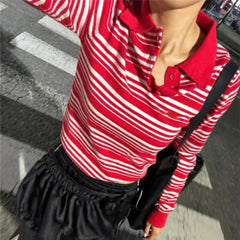 Aiertu  -  Commuter Pullover Korea Turn-down Collar Ropa Mujer Stripe Vintage Commuter Elegant Tshirt Slim Knit All-match Y2K Shirt Aiertu