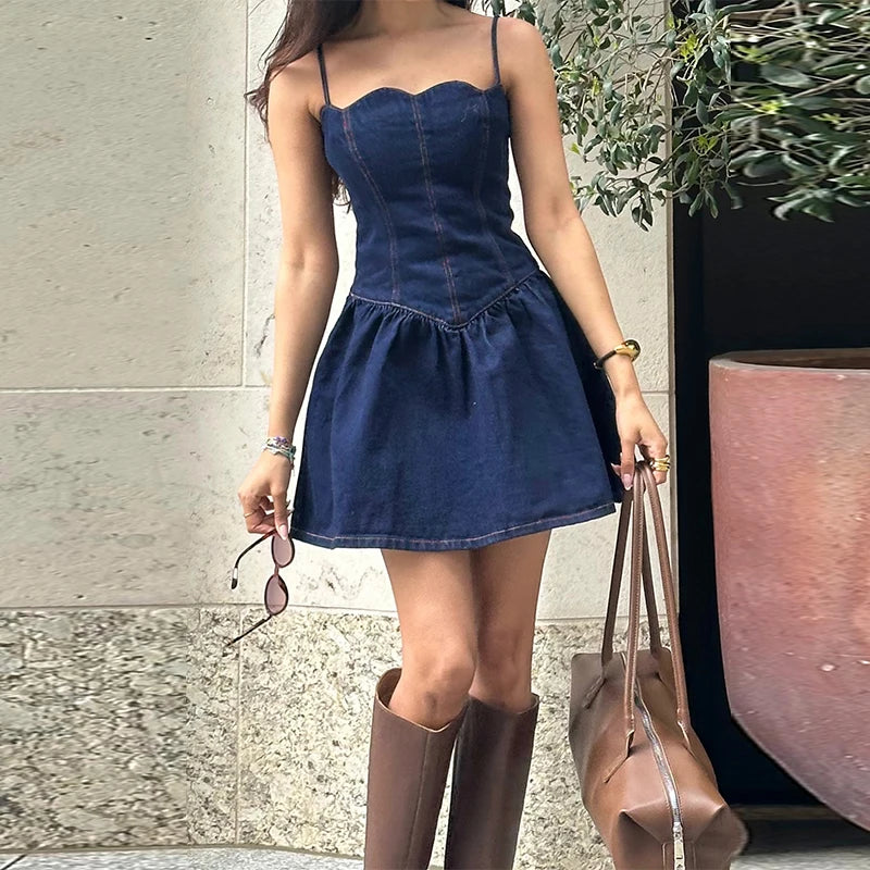 Aiertu  Sexy Denim Mini Slip Dress Women Solid Sleeveless Backless Zipper A-line Sling Dresses Female 2025 Summer Lady Chic Streetwears Aiertu
