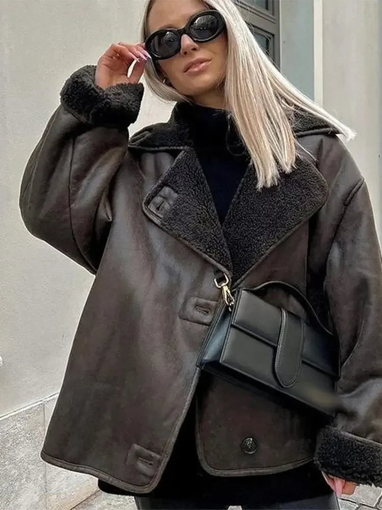 Aiertu  -  Women Fashion Lapel Leather Lamb Wool Jacket Chic Single-breasted Long Sleeves With Pocket Warm Coat 2026 Lady High Streetwear Aiertu