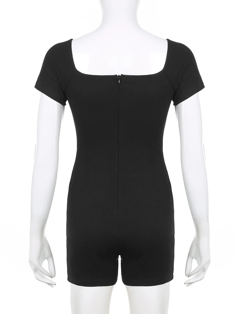 Aiertu  Sporty Activewear Basic Solid Playsuits Sexy Slim Square Collar Short Sleeve Rompers Women Summer Fashion Streetwear Aiertu