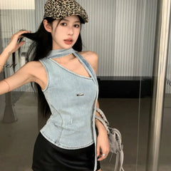 Aiertu  -  Hot Girl Denim Vest For Women Diagonal Neck One Shoulder Sleeveless Retro Tight Y2k Tank Tops Lady Coquette Gyaru Sexy Camisole Aiertu