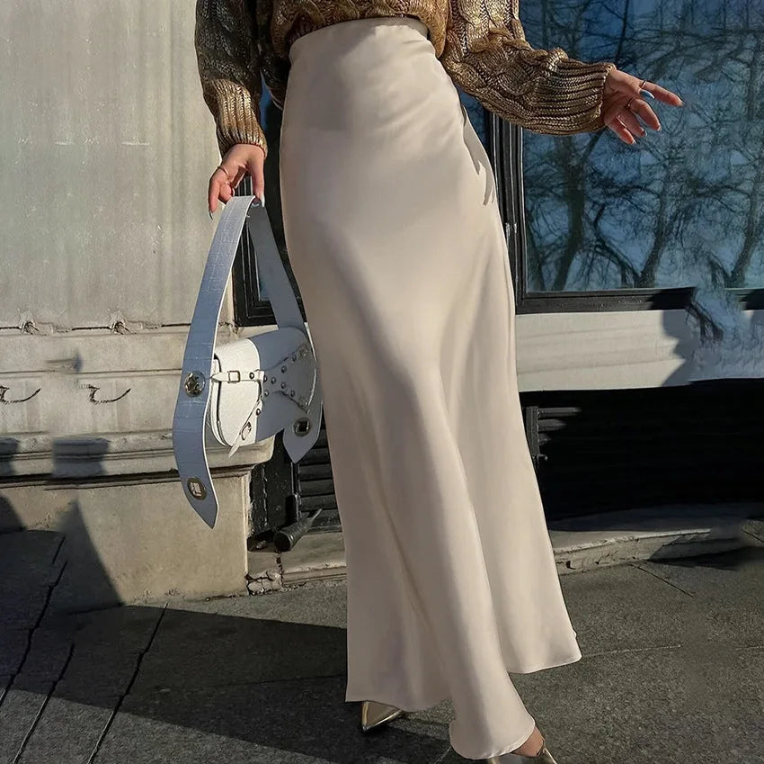 Aiertu  -  Women's High Waisted Solid Long Skirt Elegant Lce Silk Satin Slim Fit Skirt Fashion Office Lady Summer Long Skirt Aiertu