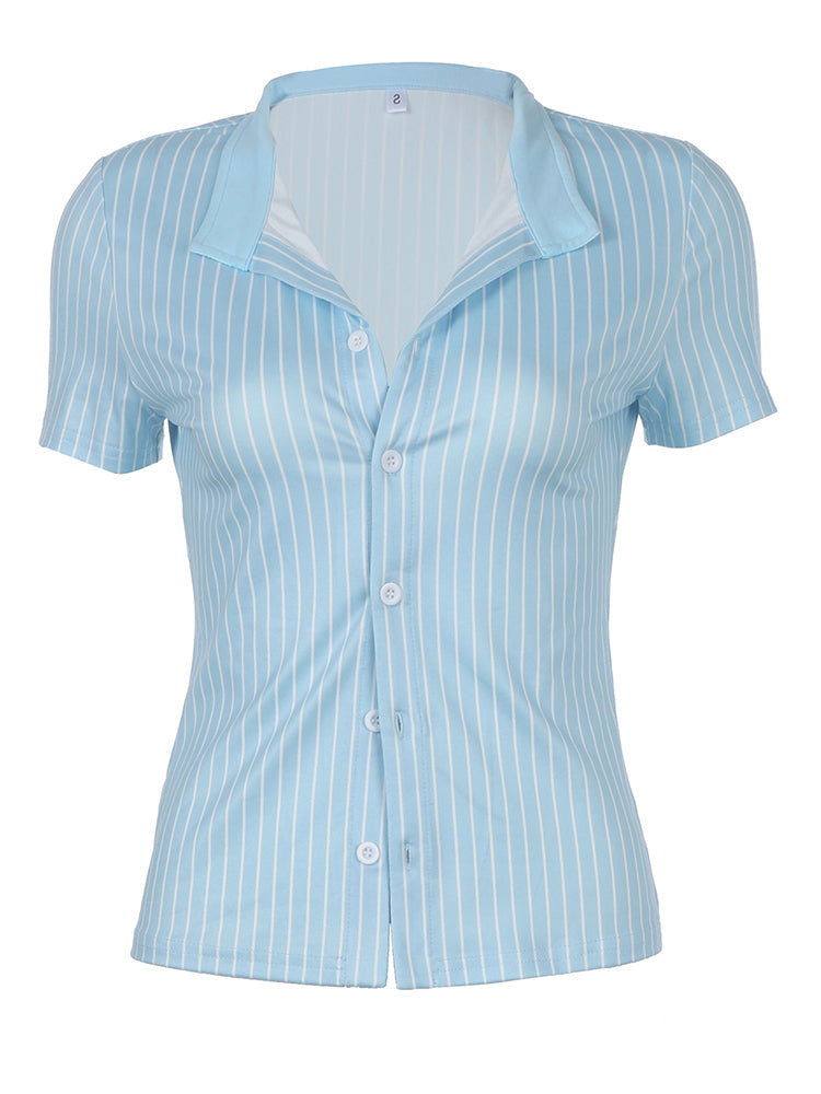 Aiertu - summer inspo Hot Blue Stripe Short Sleeve Shirts For Women Button Up Turn Down Collar Slim Simple Casual Preppy Tops Basic Summer Tees Aiertu