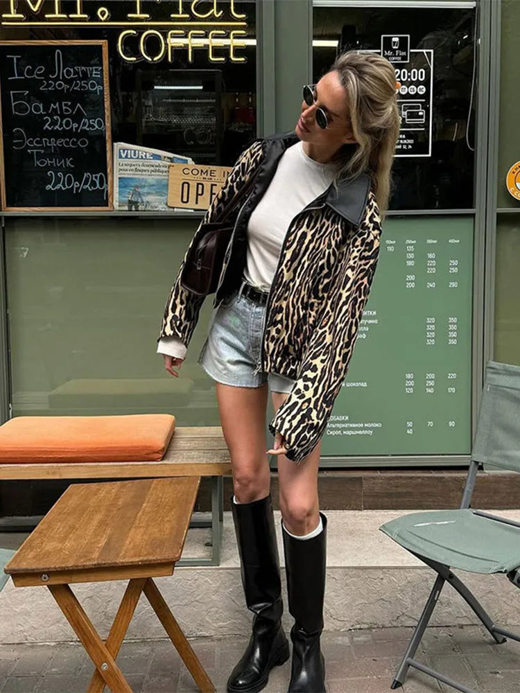 Aiertu  -  Women's Casual Leopard Printed Leather Lapel Patchwork Jacket Chic Zipper Long Sleeve Short Slim Coat 2026 Lady High Streetwear Aiertu