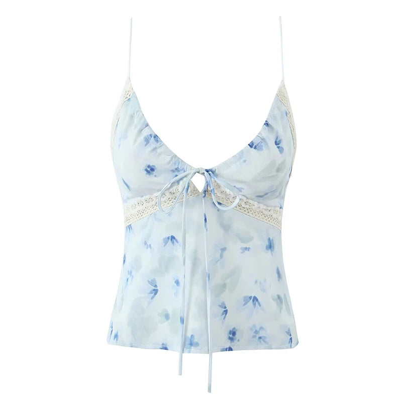 Aiertu  -  New Women Sexy Sleeveless V Neck Lace Trim Floral Print Camis Holiday Summer Crop Top Aiertu