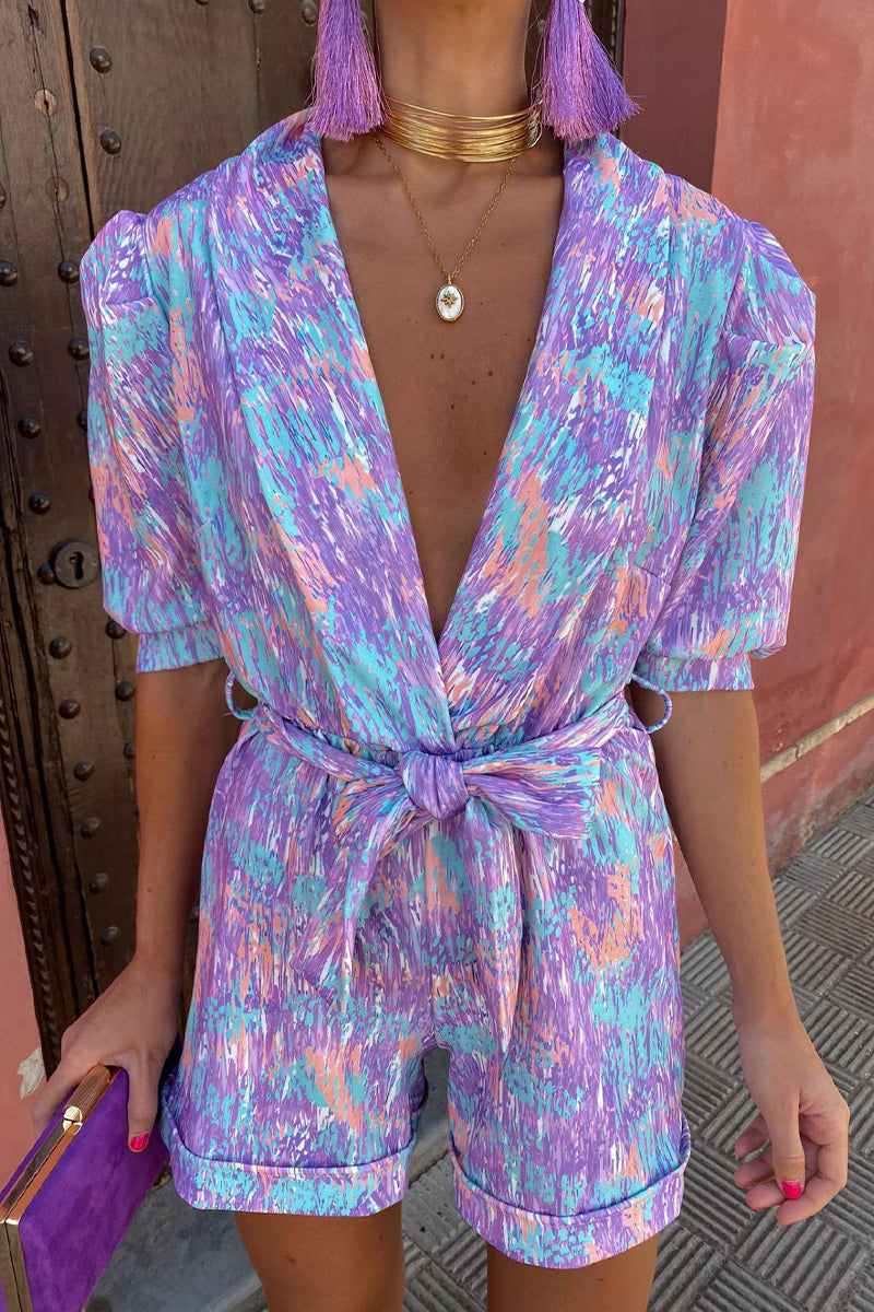 Aiertu  -  Casual Print Bandage Turn-back Collar Loose Rompers Aiertu