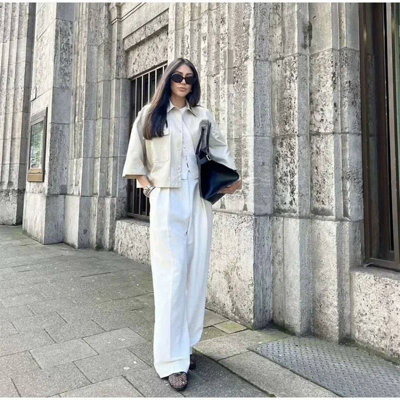 Aiertu  -  Fashion Lapel Spliced Coats Women Casual Single-breasted Pockets Short Sleeve Female Jacket Autumn Lady Solid Loose Outwear Aiertu