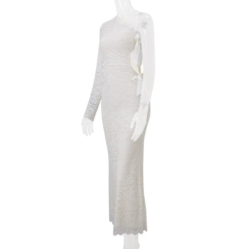Aiertu  -  Elegant Single Shoulder Sleeve Lace Hollow Body Long Dress Women's New Sexy Lace Butterfly Party Club Vacation Beachwear Aiertu