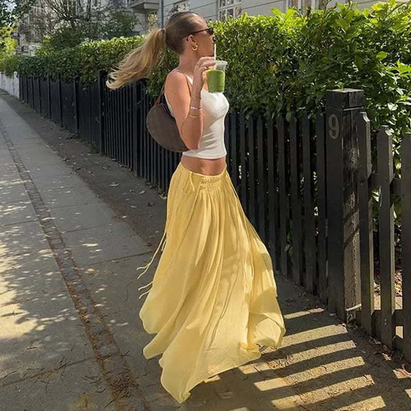 Aiertu  -  Summer Drawstring High Waist Long Skirt For Women Pleated Casual Patchwork Lace-Up See-Through Female Chiffon Maxi Skirt Aiertu