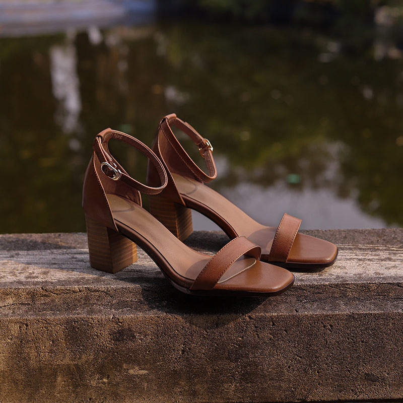 Aiertu  -  Women's genuine leather thick high heel open toe summer ankle strap sandals retro elegant ladies OL style casual female shoes Aiertu