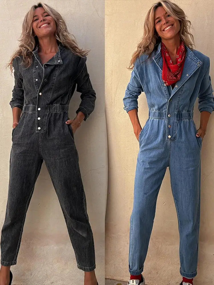 Aiertu  -  Women Slim Denim Jumpsuits Long Pants Rompers Springturn Down Collar Loose One Piece Full Sleeve Tight High Waist Overalls Aiertu