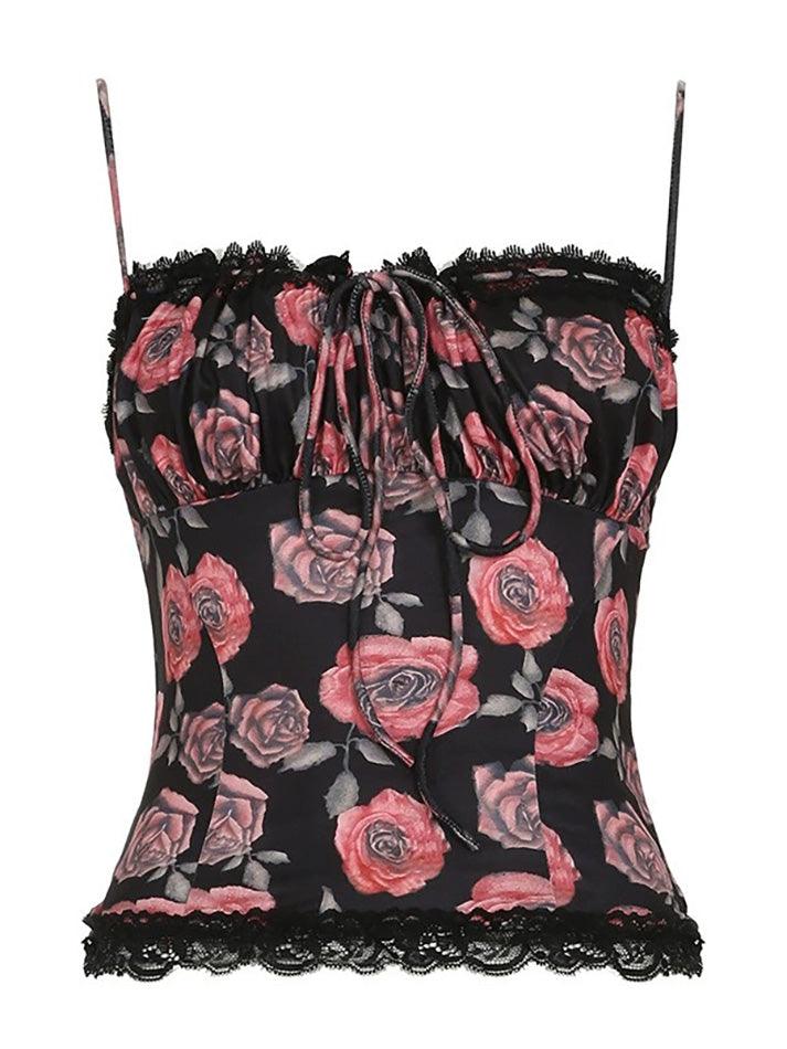 Aiertu  -Vintage Rose Print Drawstring Tie Cami Top aiertu