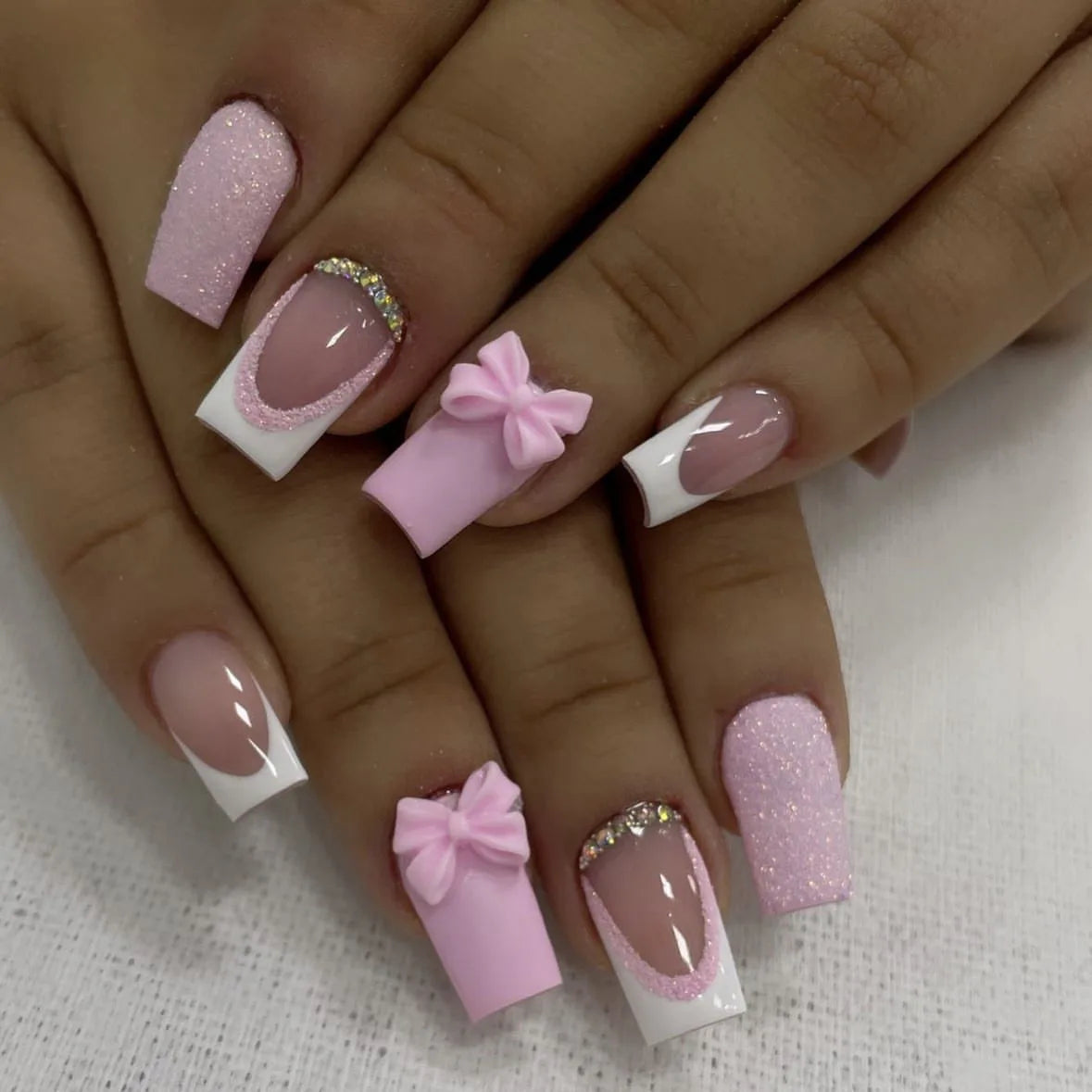 Aiertu Pink French Style Fake Nails 3D Bowknot Designs Short Square Press on Nails Sweet Korean Fashion False Nails for Women and Girls Aiertu