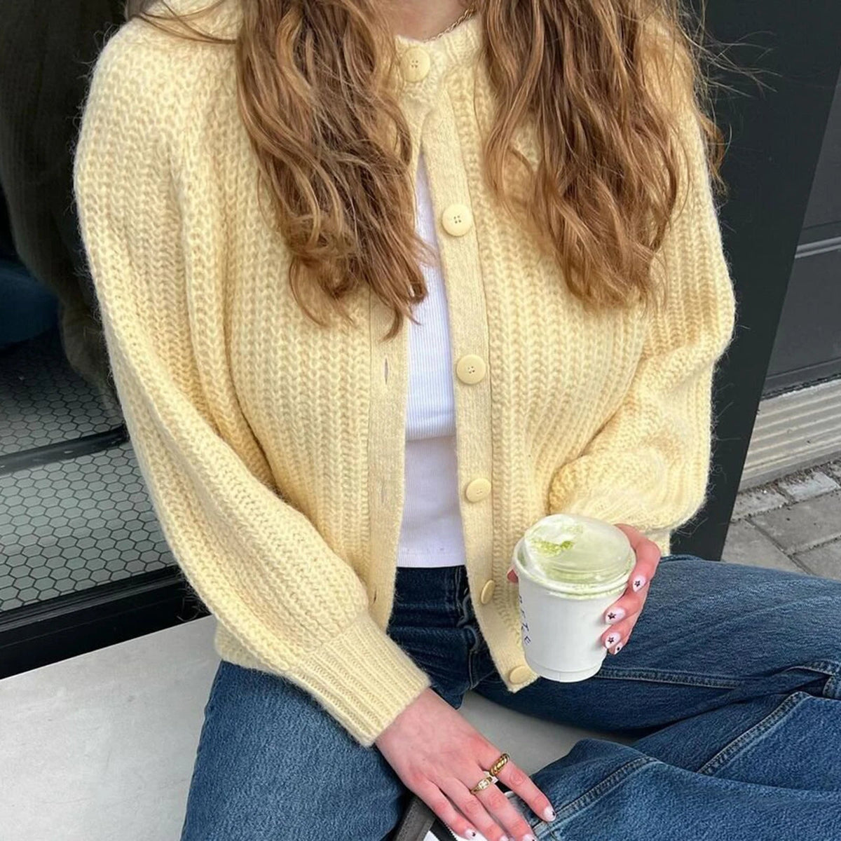 Aiertu  -  Women Chunky Knit Cardigan Y2k Long Latern Sleeve Crew Neck Button Up Open Front Cable Knitted Crop Sweater Jackets Aiertu