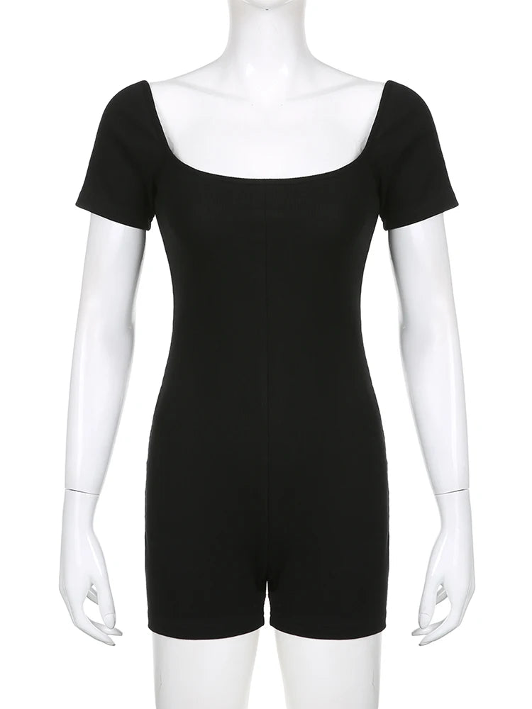 Aiertu  Sporty Activewear Basic Solid Playsuits Sexy Slim Square Collar Short Sleeve Rompers Women Summer Fashion Streetwear Aiertu