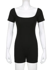 Aiertu  Sporty Activewear Basic Solid Playsuits Sexy Slim Square Collar Short Sleeve Rompers Women Summer Fashion Streetwear Aiertu