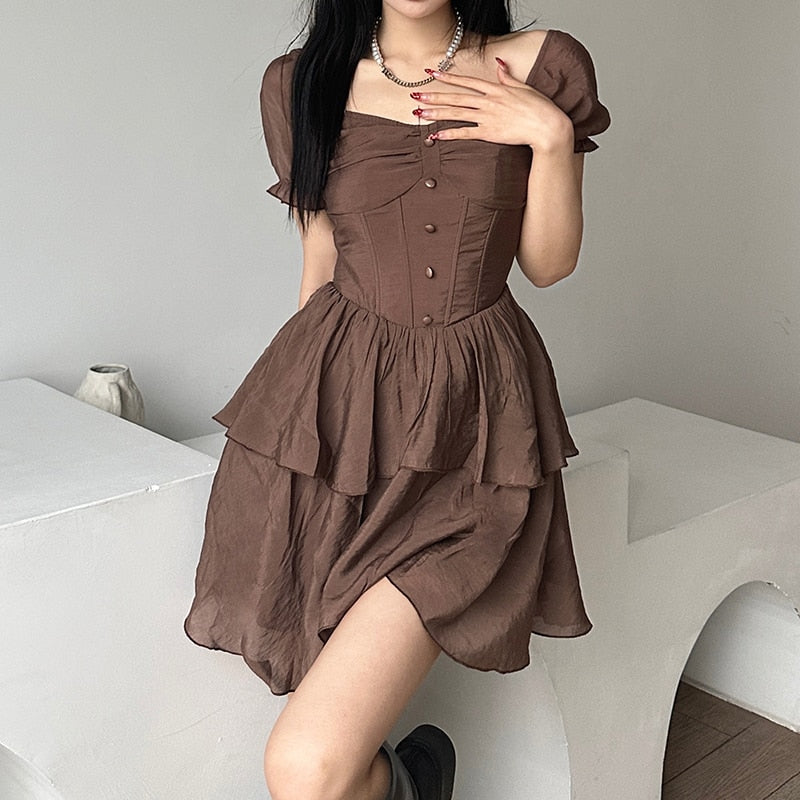 Aiertu Elegant Chiffon Corset Dress Brown Flare Long Sleeve Mini Dresses Vacation Short Party Dress Ruffles Slash Neck Outfit Aiertu