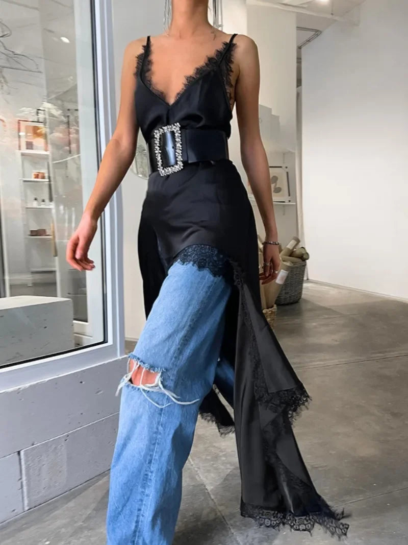 Aiertu  -  2026 Women Sexy V-neck Lace Patchwork Black Dress Y2K Streetwear Fashion Spaghetti Strap Irregular Split Black Long Slip Dresses Aiertu