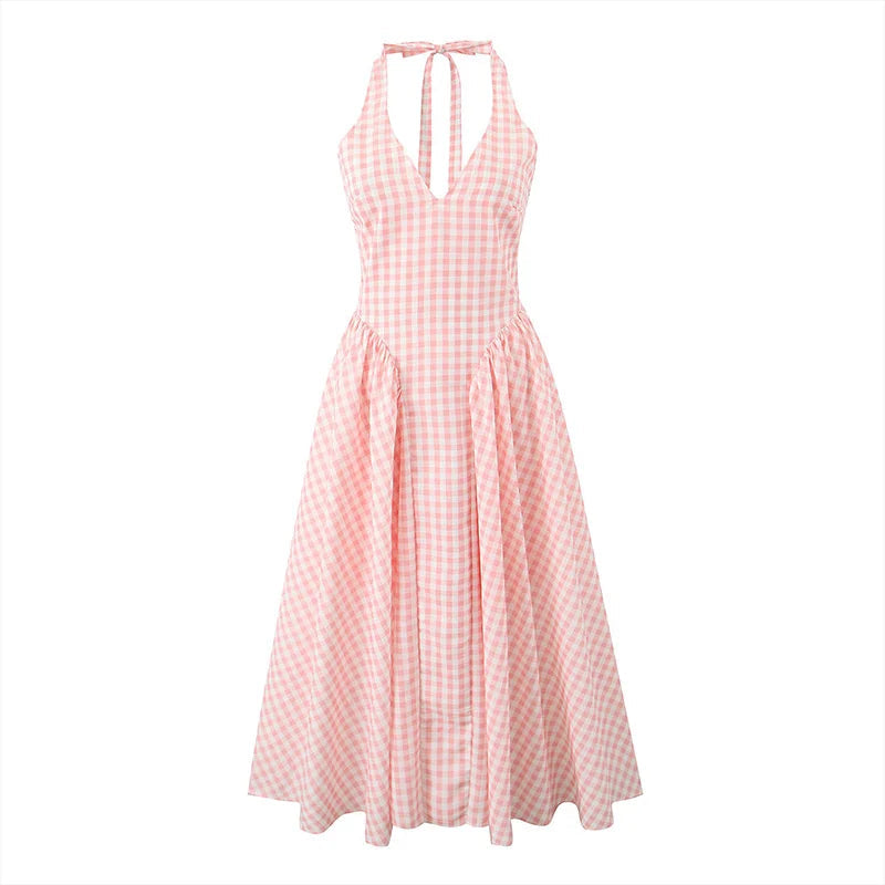 Aiertu  -  Women Pink Plaid Backless V-neck Lace Up Party Dress Sexy Wrap Waiist Strapless Pleated A Line Robe 2026 Vacation Lady Dresses Aiertu