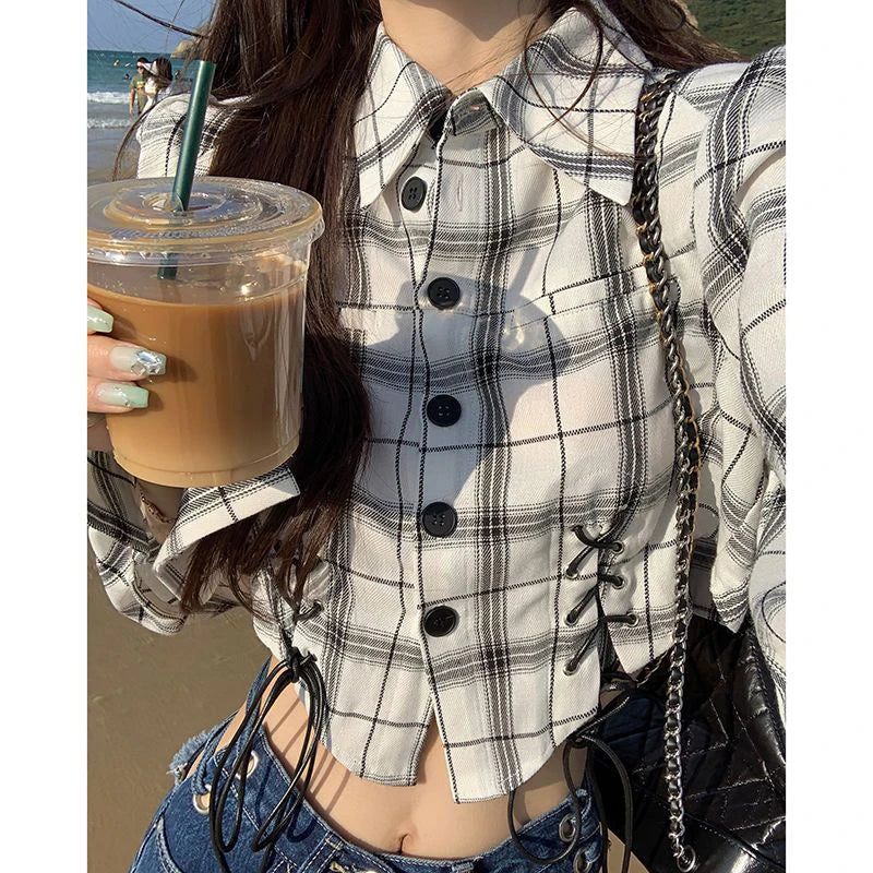 Aiertu Streetwear Plaid Shirts Women Y2K Harajuku Bandage Crop Tops Korean Fashion Long Sleeve Casual All Match Chic Blouses New Aiertu